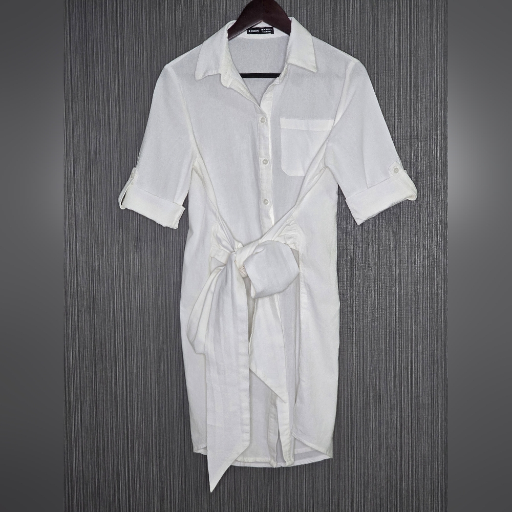 SHEIN White Cotton Women's Shirt Dress with Tie Waist, Medium